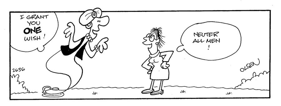 Genie - 'I grant you one wish!'  Girl - 'Neuter all men!'