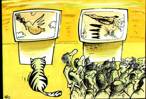 Animals watching peaceful dove on TV, humans watching explosions and violence.