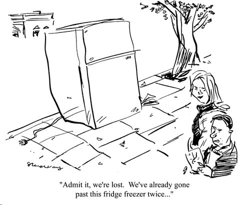 'Admit it, we're lost.  We've already gone past this fridge freezer twice...'