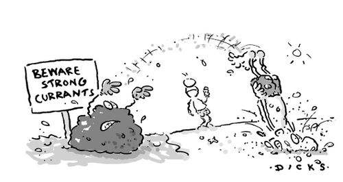 Beware Strong Currants (Currant throwing man into sand).
