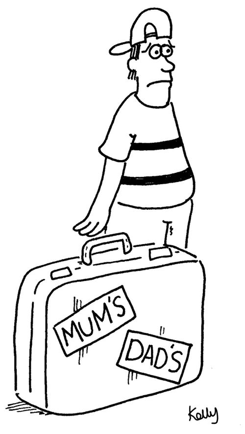 'Kid with suitcase with stickers on it that say 'mums' and 'dads'.