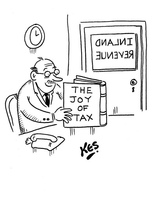 Tax officer reads book entitled: The Joy of Tax.