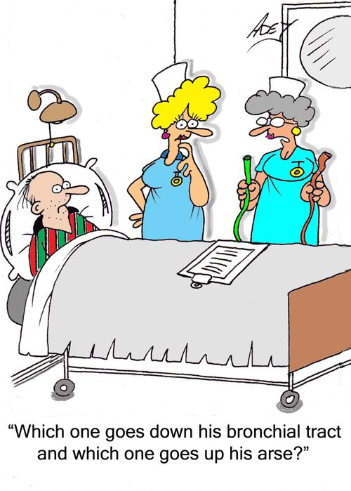 "Which one goes down his bronchial tract and which one goes up his arse?"