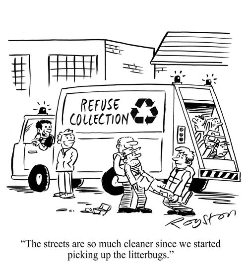 Bin men load people into their lorry. Driver says: 'The streets are so much cleaner since we started picking up the litterbugs.'