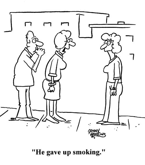 Lady to lady regarding man sucking thumb: 'He gave up smoking.'