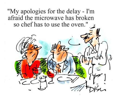 'My apologies for the delay - I'm afraid the microwave had broken so chef has to use the oven.'