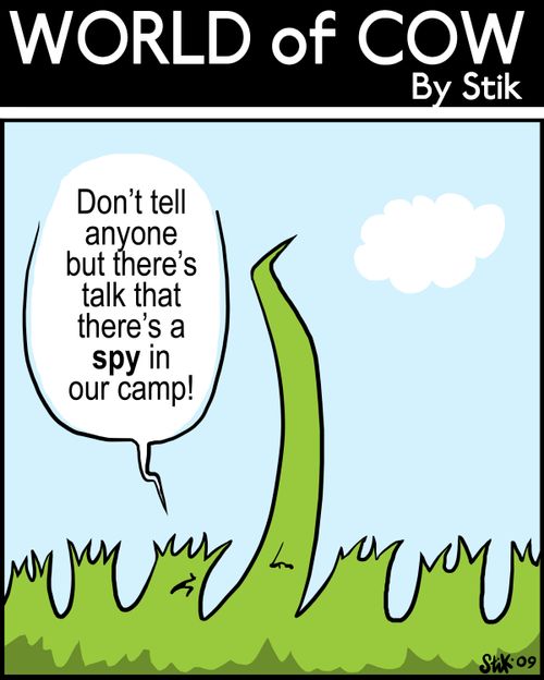 "Don't tell anyone, but there's talk that there's a spy in our camp!"