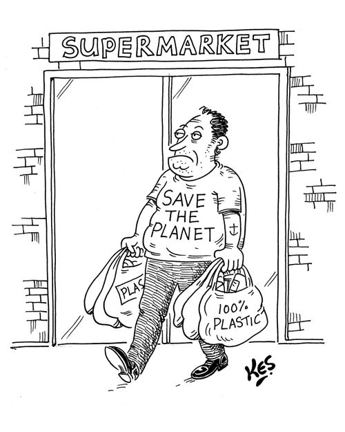 Man wearing 'Save the planet t shirt' uses non-environmentally friendly carrier bags,