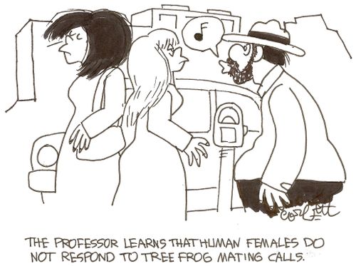 The professor learns that human females do not respond to tree frog mating calls.