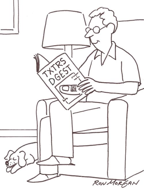 Man reads book entitled: TXTRS DGEST.