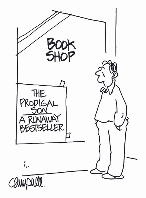 man reads this sign in book shop window: 'The Prodigal Son. A runaway bestseller.'