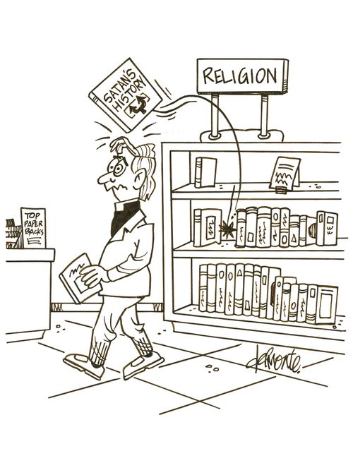 Priest walks by a religious book shelf and and a Satan book pops out to hit him on the head.