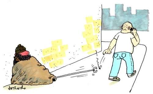Homeless man capturing discarded cigarette.