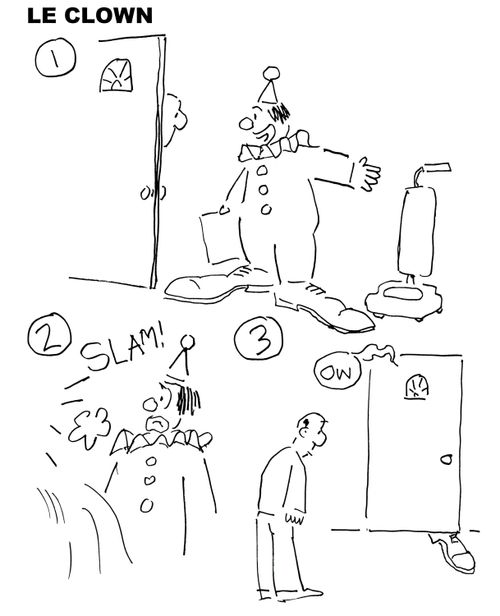 Vacuum-salesman clown gets door slammed on his foot.