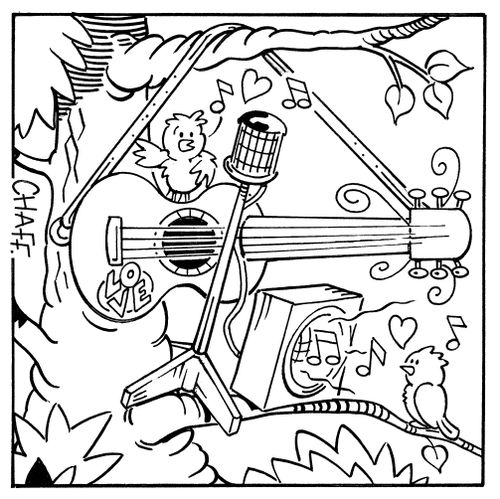 Love birds playing a guitar.