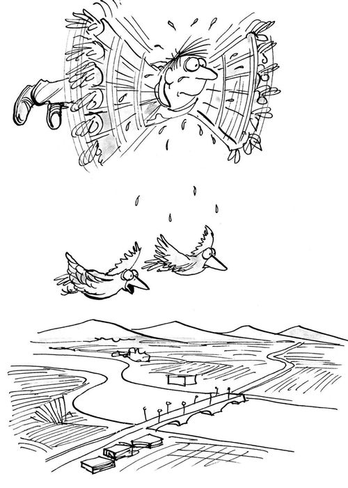 A flying man sweats on birds.