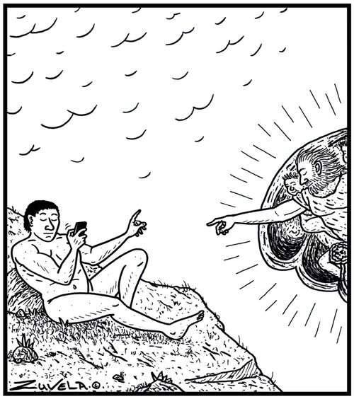 Adam puts God on hold while texting.