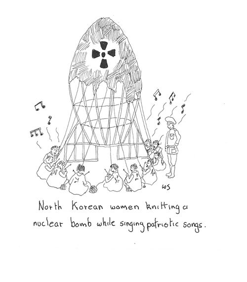 North Korean women knitting a nuclear bomb while singing patriotic songs.