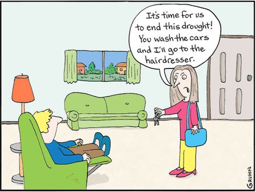 'It's time for us to end this drought! You wash the cars and I'll go to the hairdresser.'