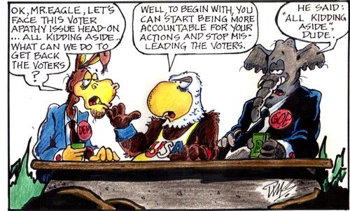 'Ok, Mr. Eagle, let's face this voter apathy issue head on. . . all kidding aside. . . what can we do to get back the voters?'