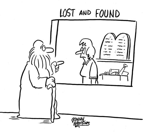 Moses at 'Lost and Found' points to big tablets