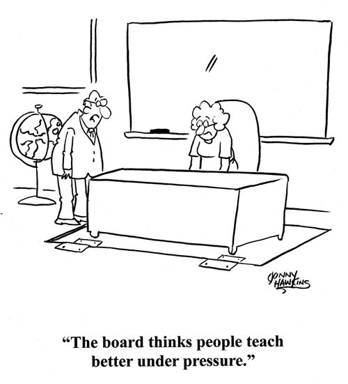 Principal to teacher with trap door below her desk: 'The board thinks people teach better under pressure.'