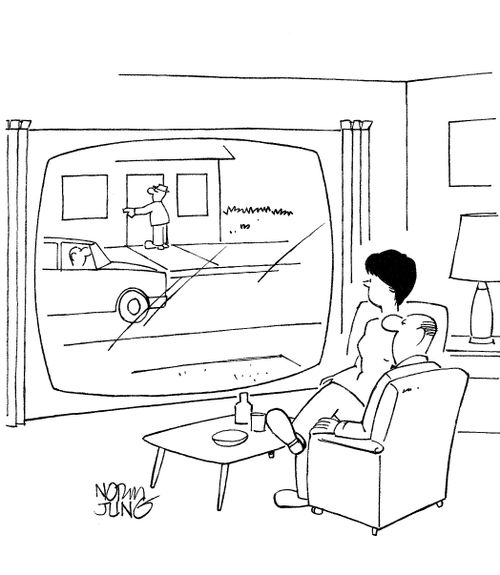Couple look out of a window shaped like a television screen.