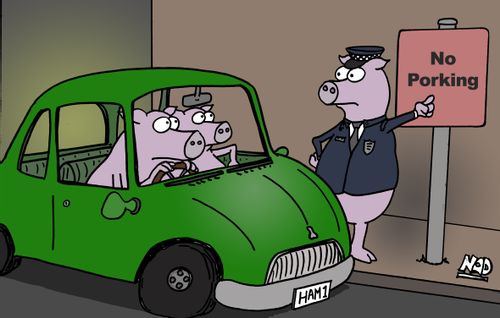 Two pigs are booked by a police pig who's pointing at a sign that says, 'No Porking'.