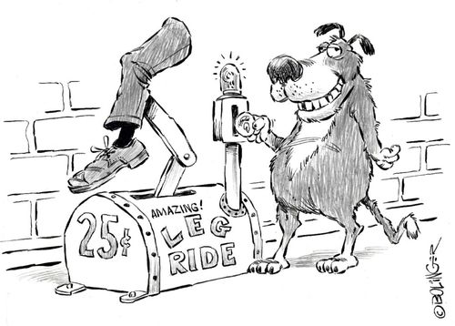 Dog putting coin into a 'Leg Ride' machine