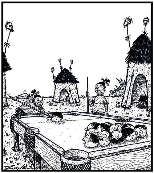CannibalsHeadhunters playing a game of Pool on a billiards table using Explorers and Missionaries heads for Pool balls