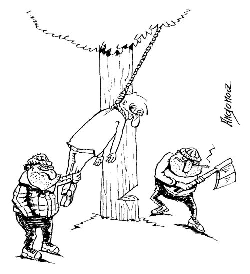 Men moving a hanged man to chop down the tree he's hanging from