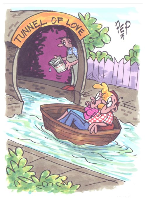 Man ready to throw water over people in the Tunnel of Love.