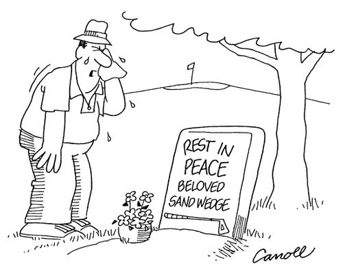 Golfer crying over the grave of a sandwedge