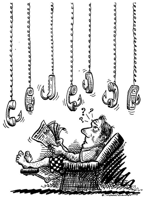 Man in armchair surrounded by phones on fish hooks