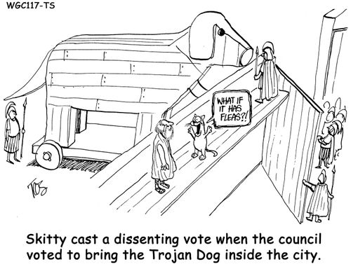 Skitty cast a dissenting vote when the council voted to bring the Trojan Dog inside the city.