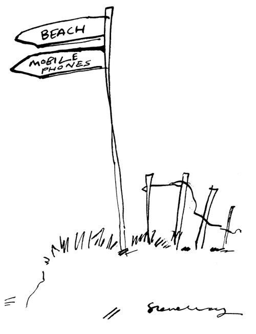 Sign pointing to the beach and in the direction of mobile phones.
