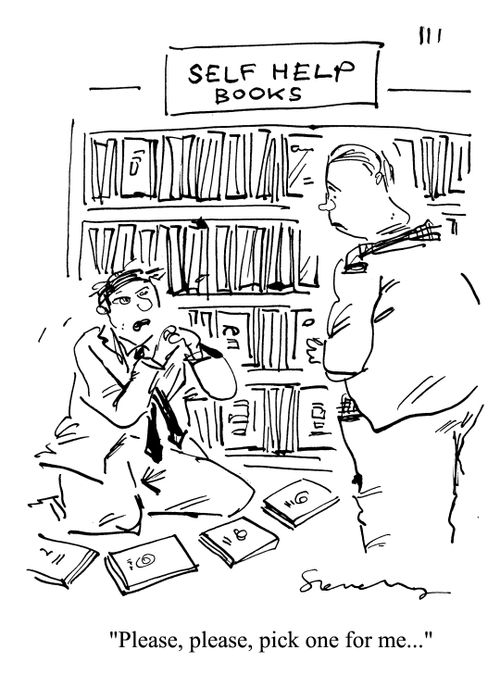 In the self-help books section: 'Please, please, pick one for me...'