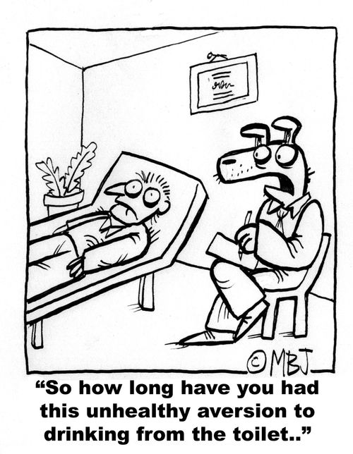 Dog Psychiatrist: 'So how long have you had this unhealthy aversion to drinking from the toilet?'