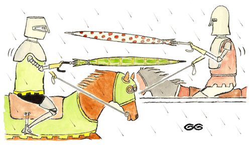 Jousing in the rain using umbrellas.