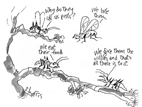 'Why do they call us pests?'  'We bite them.'  'We eat their food.'  'We give them the willies, and that's all there is to it.'
