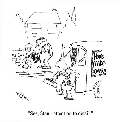 'See, Stan - attention to detail.'  (Man gold spraying dog doo).