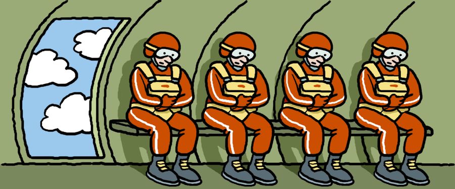 Four apprehensive parachutists in a plane with no door.