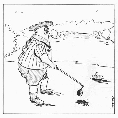 A golfer with broken club looks at divot with ball on it.