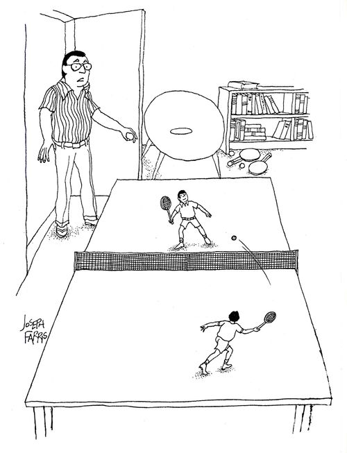 Mini tennis players playing on table tennis court.