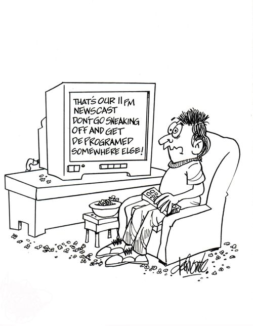 Man in front of TV sees - 'That's our newscast don't go sneaking off and get deprogramed somewhere else'