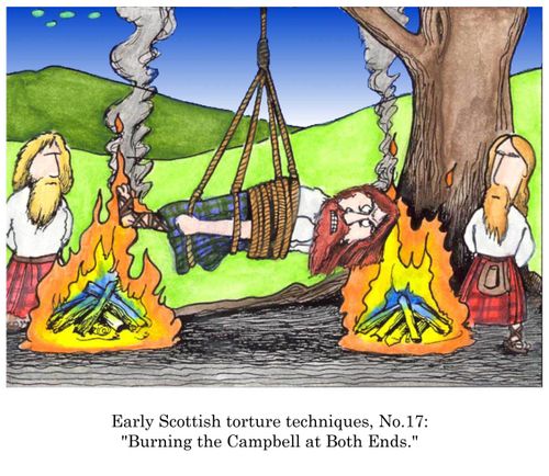 Early Scottish torture techniques, No 17, 'Burning the Campbell at Both Ends.'