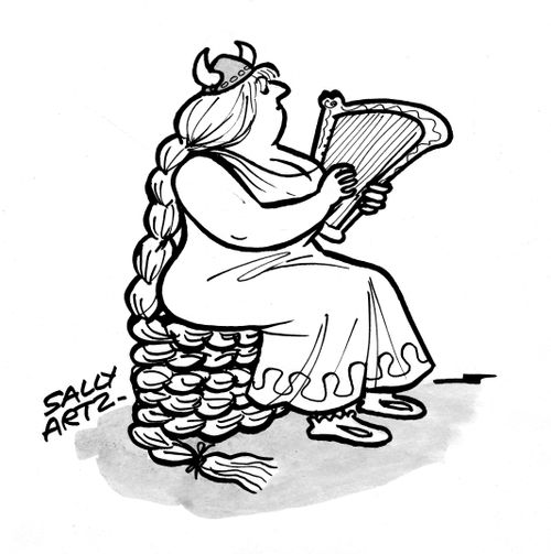 Viking woman with long hair playing a harp.