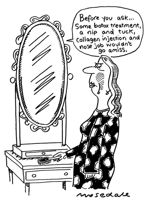 Mirror on wall giving out honest advice to woman.