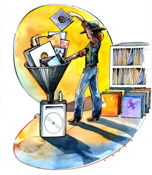 Lady funneling her record collection onto an mp3 player,