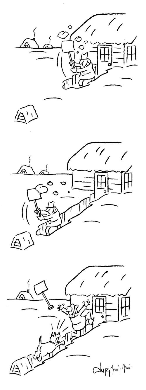 Man digging a path to his dog's kennel through the snow.